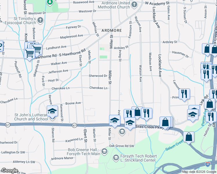 map of restaurants, bars, coffee shops, grocery stores, and more near 1212 Miller Street in Winston-Salem