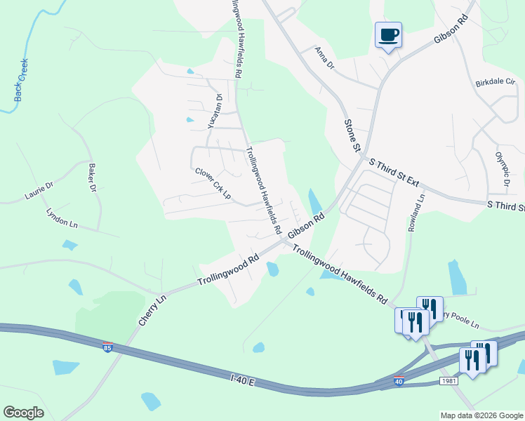map of restaurants, bars, coffee shops, grocery stores, and more near 807 Trollingwood Road in Haw River