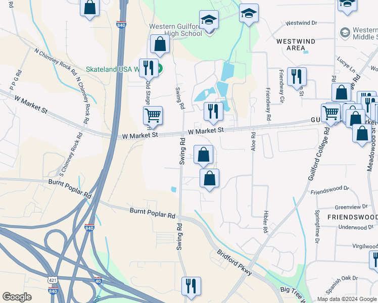 map of restaurants, bars, coffee shops, grocery stores, and more near 105 South Swing Road in Greensboro
