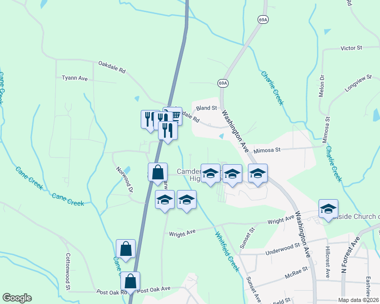 map of restaurants, bars, coffee shops, grocery stores, and more near 175 Schools Drive in Camden