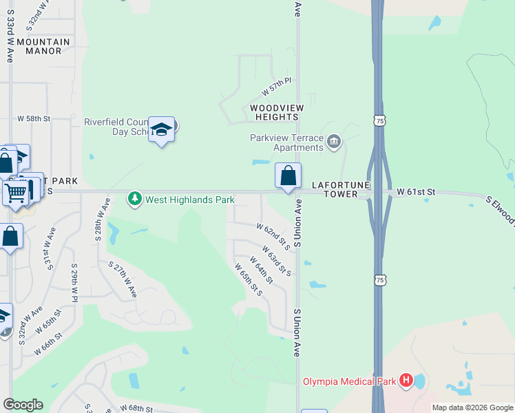 map of restaurants, bars, coffee shops, grocery stores, and more near 6101 South Waco Avenue in Tulsa