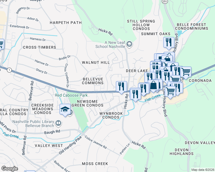 map of restaurants, bars, coffee shops, grocery stores, and more near 610 Club Parkway in Nashville