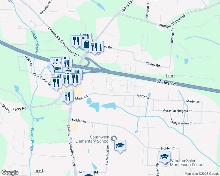 map of restaurants, bars, coffee shops, grocery stores, and more near 5907 King Charles Court in Clemmons