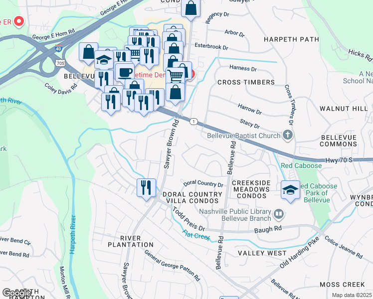 map of restaurants, bars, coffee shops, grocery stores, and more near 865 Bellevue Road in Nashville