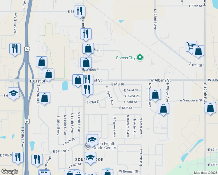 map of restaurants, bars, coffee shops, grocery stores, and more near 11619 East 61st Place in Broken Arrow