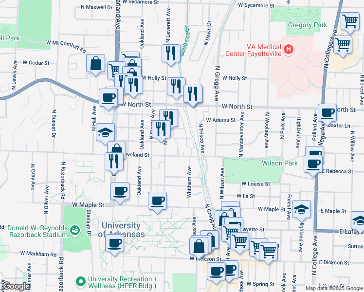 map of restaurants, bars, coffee shops, grocery stores, and more near 900 North Leverett Avenue in Fayetteville