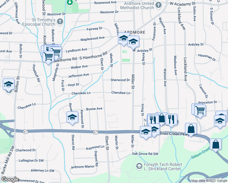 map of restaurants, bars, coffee shops, grocery stores, and more near 2261 Cherokee Lane in Winston-Salem