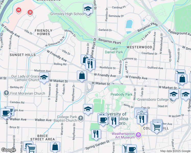 map of restaurants, bars, coffee shops, grocery stores, and more near in Greensboro