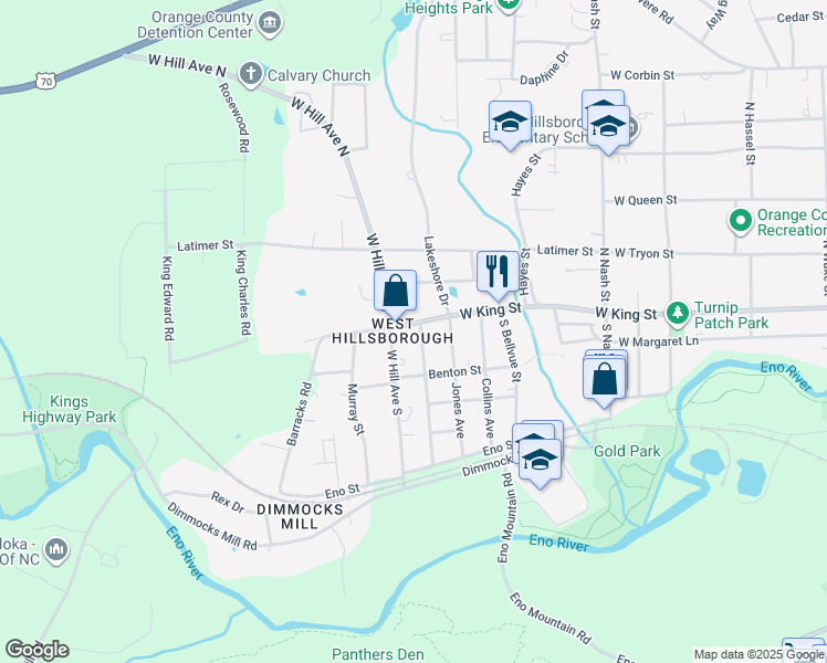 map of restaurants, bars, coffee shops, grocery stores, and more near 902 West King Street in Hillsborough