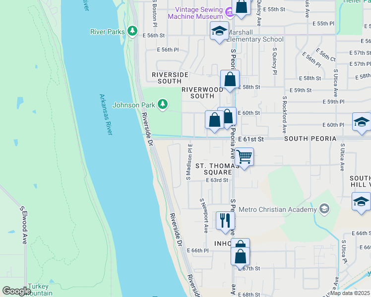 map of restaurants, bars, coffee shops, grocery stores, and more near 6120 South Madison Place in Tulsa