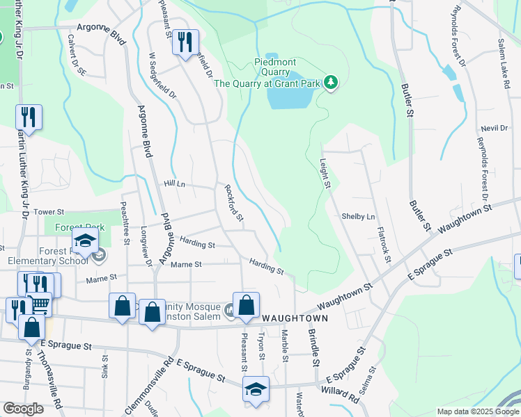 map of restaurants, bars, coffee shops, grocery stores, and more near 1623 Marble Street in Winston-Salem