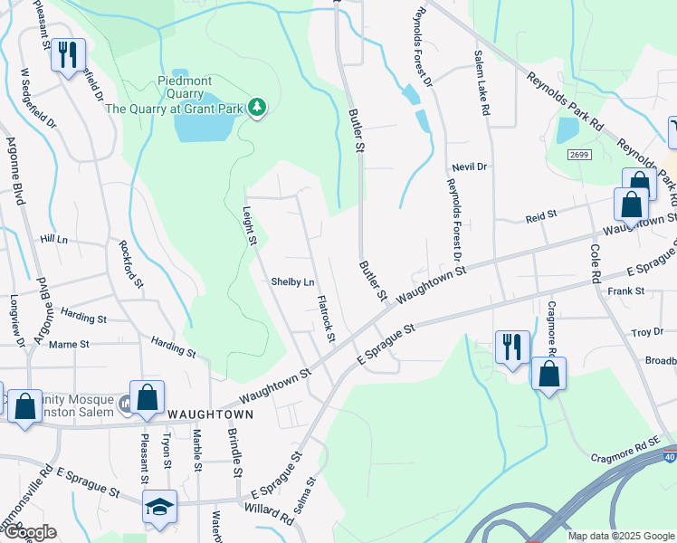 map of restaurants, bars, coffee shops, grocery stores, and more near 1915 Lyons Street in Winston-Salem