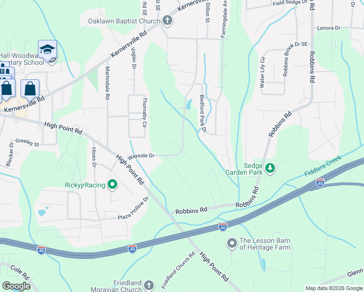 map of restaurants, bars, coffee shops, grocery stores, and more near 347 Wayside Drive in Winston-Salem