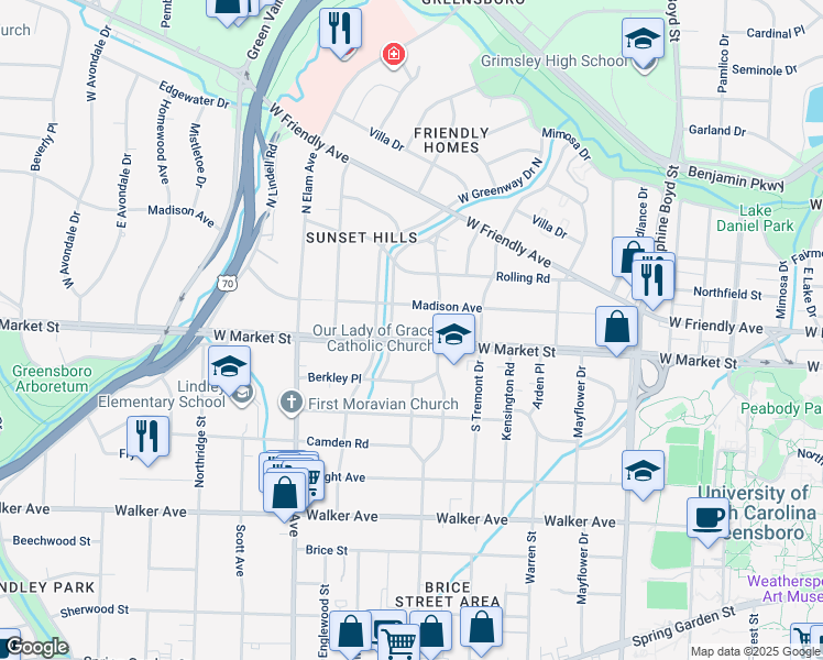 map of restaurants, bars, coffee shops, grocery stores, and more near 2304 West Market Street in Greensboro
