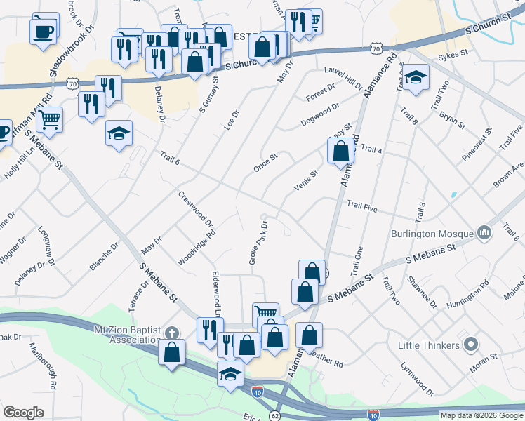 map of restaurants, bars, coffee shops, grocery stores, and more near 2442 Lacy Street in Burlington