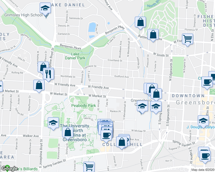 map of restaurants, bars, coffee shops, grocery stores, and more near 206 Adams Street in Greensboro