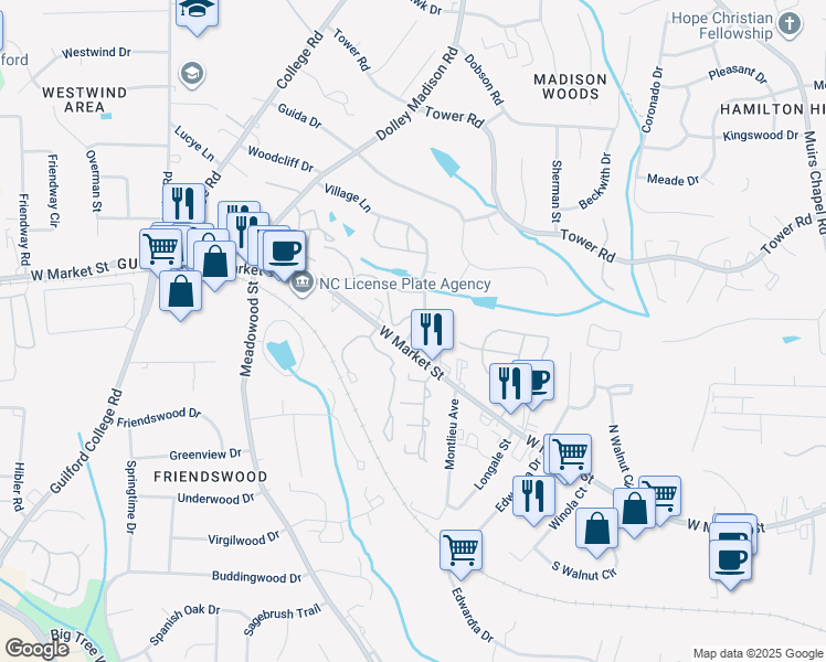 map of restaurants, bars, coffee shops, grocery stores, and more near 106 Village Lane in Greensboro