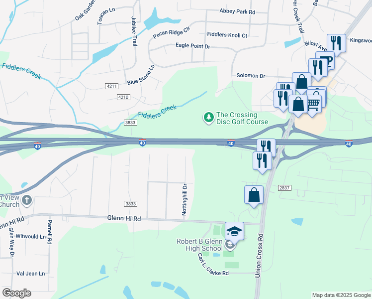 map of restaurants, bars, coffee shops, grocery stores, and more near 600 Nottinghill Drive in Winston-Salem