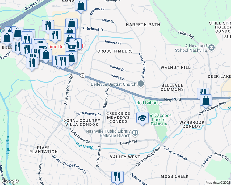 map of restaurants, bars, coffee shops, grocery stores, and more near 7452 Highway 70 South in Nashville