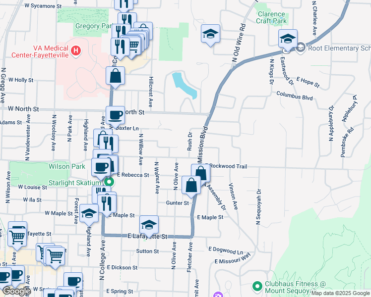 map of restaurants, bars, coffee shops, grocery stores, and more near 825 Rush Drive in Fayetteville