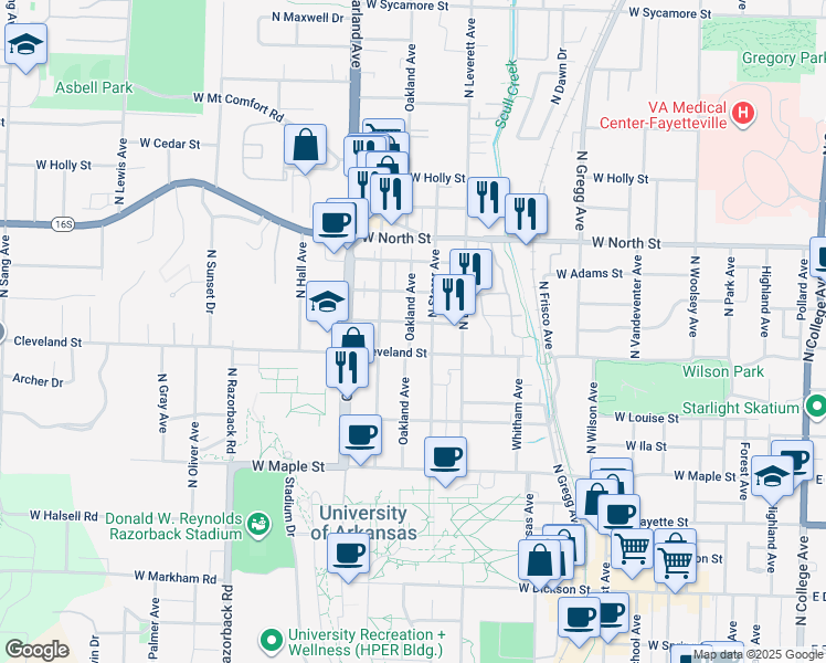 map of restaurants, bars, coffee shops, grocery stores, and more near 909 West Eagle Street in Fayetteville
