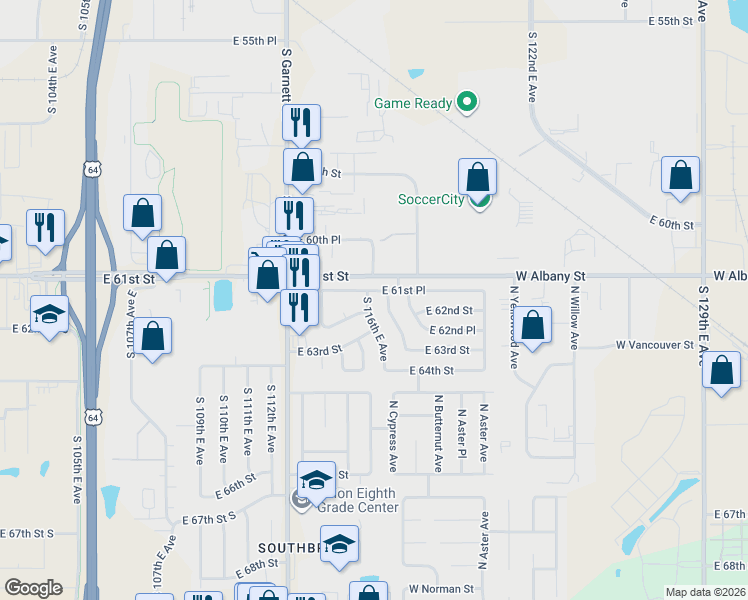 map of restaurants, bars, coffee shops, grocery stores, and more near 11619 East 61st Place in Broken Arrow