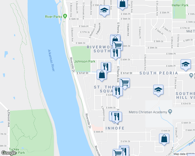 map of restaurants, bars, coffee shops, grocery stores, and more near 6107 South Madison Place in Tulsa