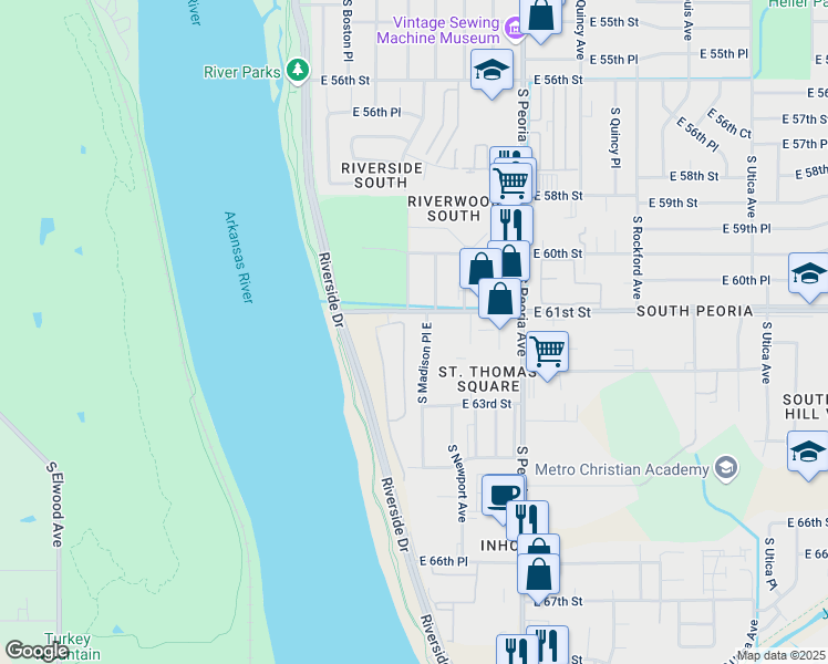 map of restaurants, bars, coffee shops, grocery stores, and more near 958 East 61st Street in Tulsa