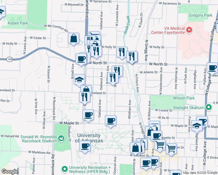 map of restaurants, bars, coffee shops, grocery stores, and more near 832 West Eagle Street in Fayetteville