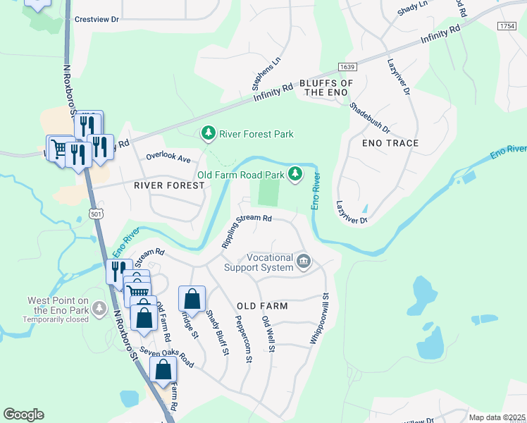 map of restaurants, bars, coffee shops, grocery stores, and more near 705 Rippling Stream Road in Durham