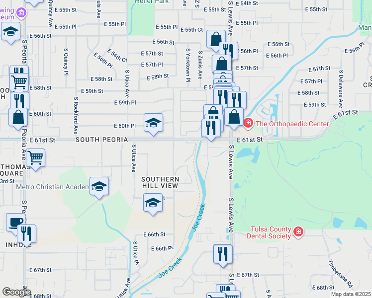 map of restaurants, bars, coffee shops, grocery stores, and more near 2152 East 61st Street in Tulsa