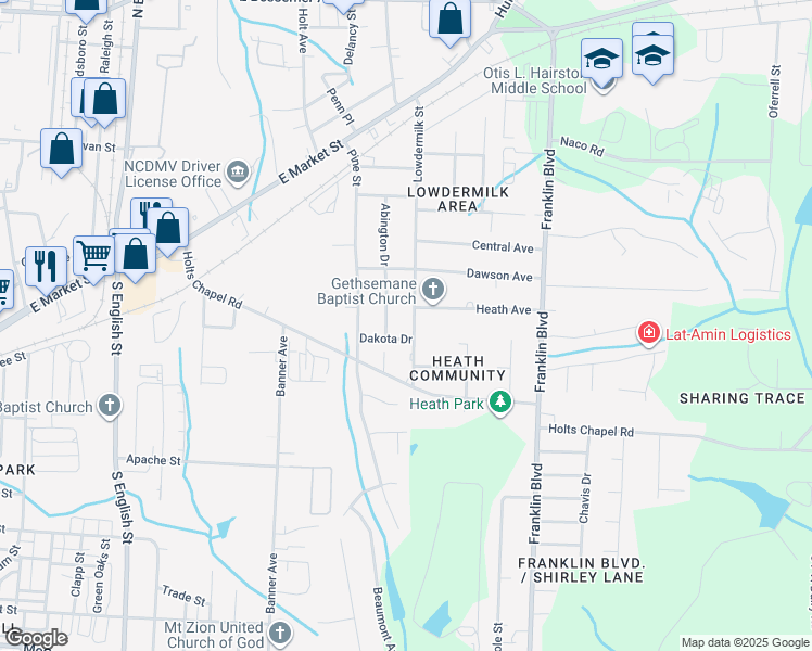 map of restaurants, bars, coffee shops, grocery stores, and more near in Greensboro