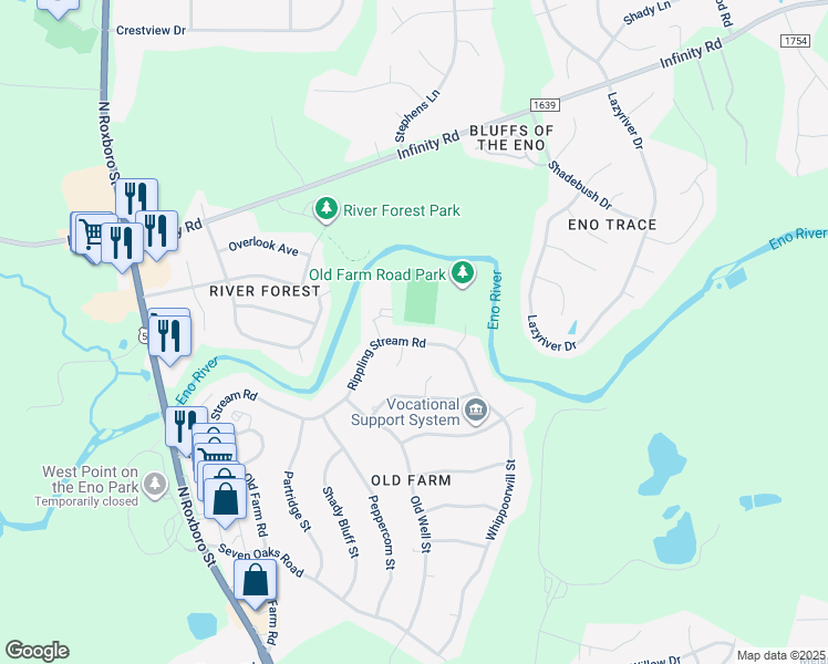 map of restaurants, bars, coffee shops, grocery stores, and more near 705 Rippling Stream Road in Durham