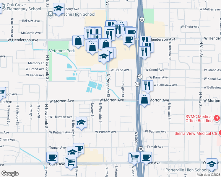 map of restaurants, bars, coffee shops, grocery stores, and more near 480 North Prospect Street in Porterville