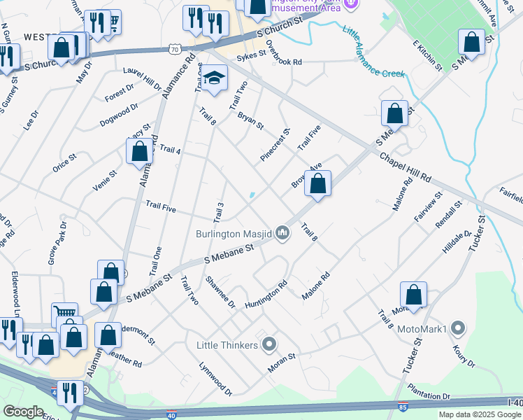 map of restaurants, bars, coffee shops, grocery stores, and more near 402 Trail 4 in Burlington