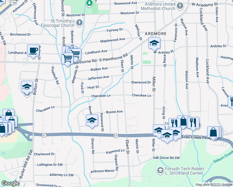 map of restaurants, bars, coffee shops, grocery stores, and more near 2315 Cherokee Lane in Winston-Salem