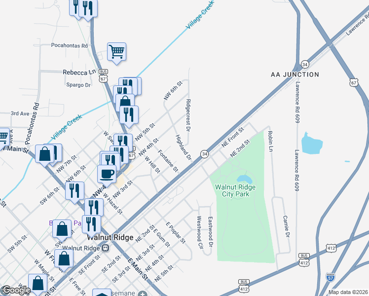 map of restaurants, bars, coffee shops, grocery stores, and more near 200 Highland Drive in Walnut Ridge