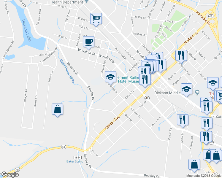 map of restaurants, bars, coffee shops, grocery stores, and more near 112 West Broad Street in Dickson