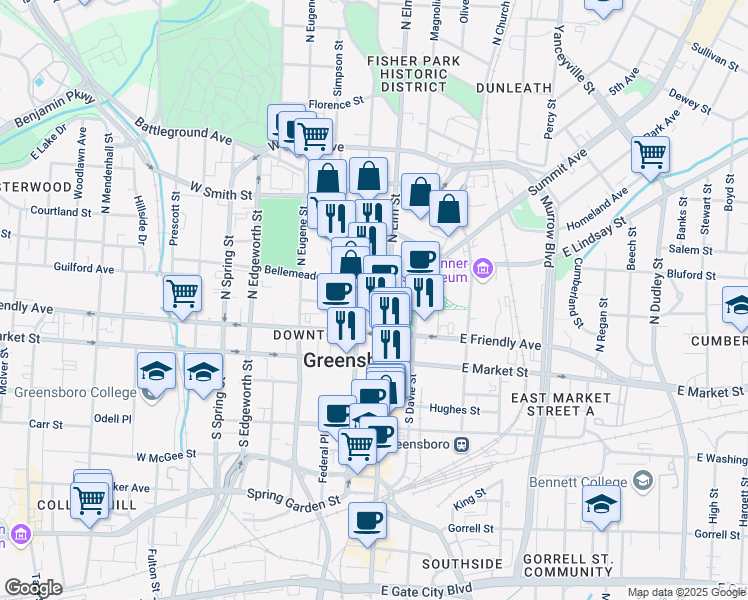map of restaurants, bars, coffee shops, grocery stores, and more near 233 North Elm Street in Greensboro