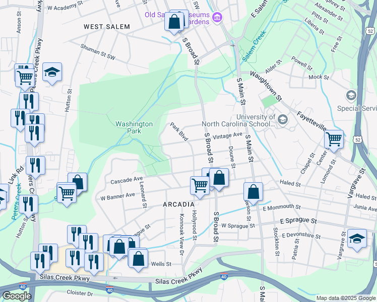 map of restaurants, bars, coffee shops, grocery stores, and more near 8 Park Boulevard in Winston-Salem