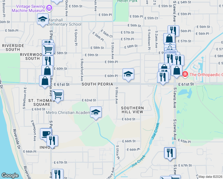 map of restaurants, bars, coffee shops, grocery stores, and more near 6105 South Troost Avenue in Tulsa
