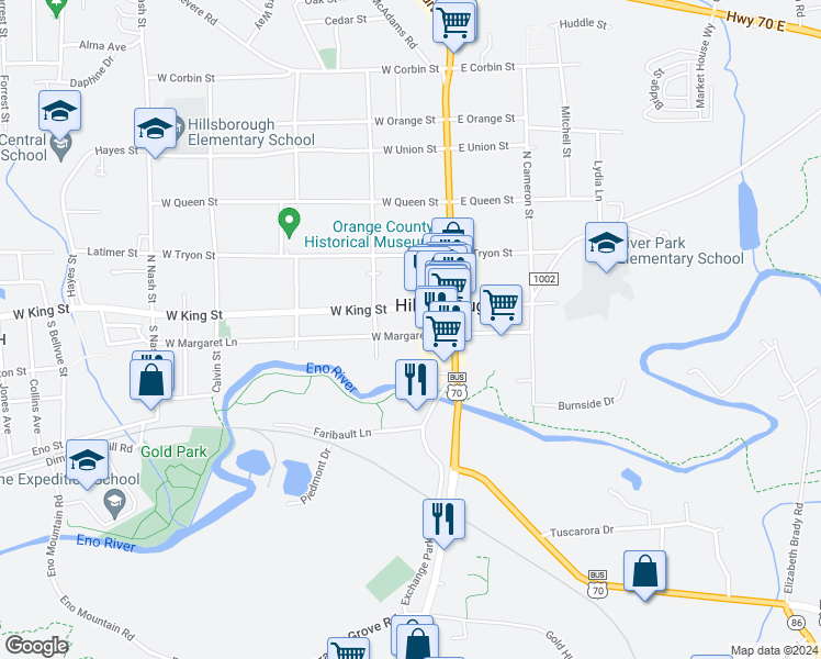 map of restaurants, bars, coffee shops, grocery stores, and more near 144 West Margaret Lane in Hillsborough