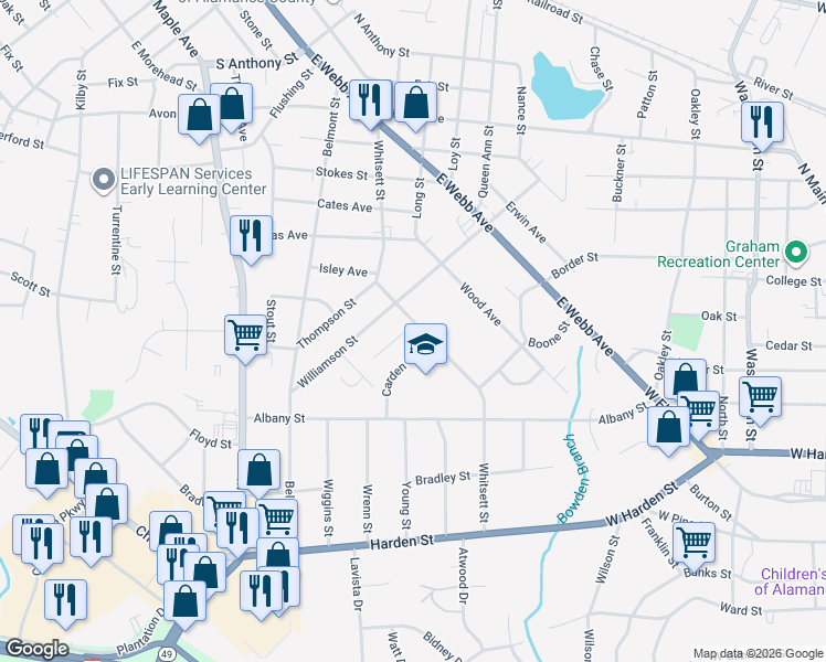 map of restaurants, bars, coffee shops, grocery stores, and more near 1720 Whitsett Street in Burlington