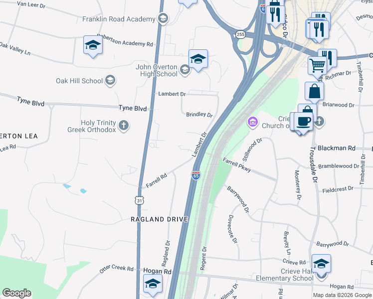 map of restaurants, bars, coffee shops, grocery stores, and more near 710 Farrell Road in Nashville