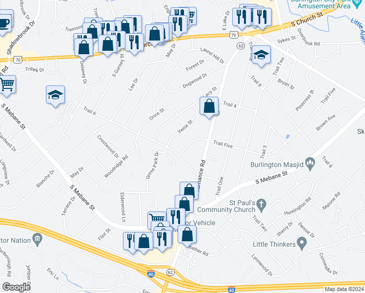 map of restaurants, bars, coffee shops, grocery stores, and more near 2635 Trail Five in Burlington