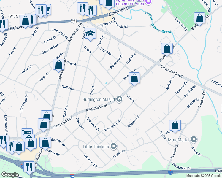map of restaurants, bars, coffee shops, grocery stores, and more near 402 Trail 4 in Burlington