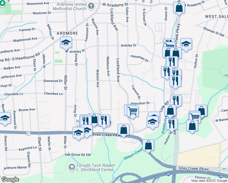 map of restaurants, bars, coffee shops, grocery stores, and more near 1129 Madison Avenue in Winston-Salem