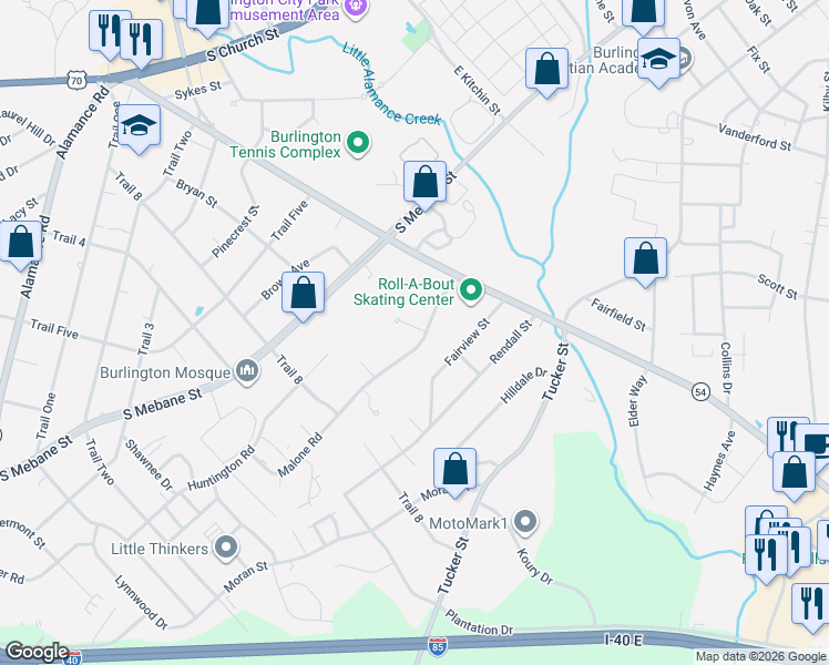 map of restaurants, bars, coffee shops, grocery stores, and more near 1743 Malone Road in Burlington