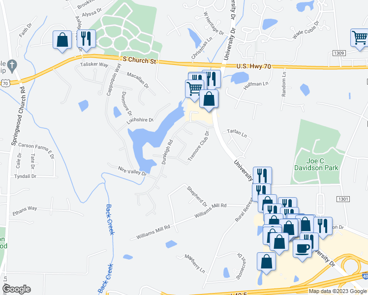 map of restaurants, bars, coffee shops, grocery stores, and more near Doolin Street in Burlington