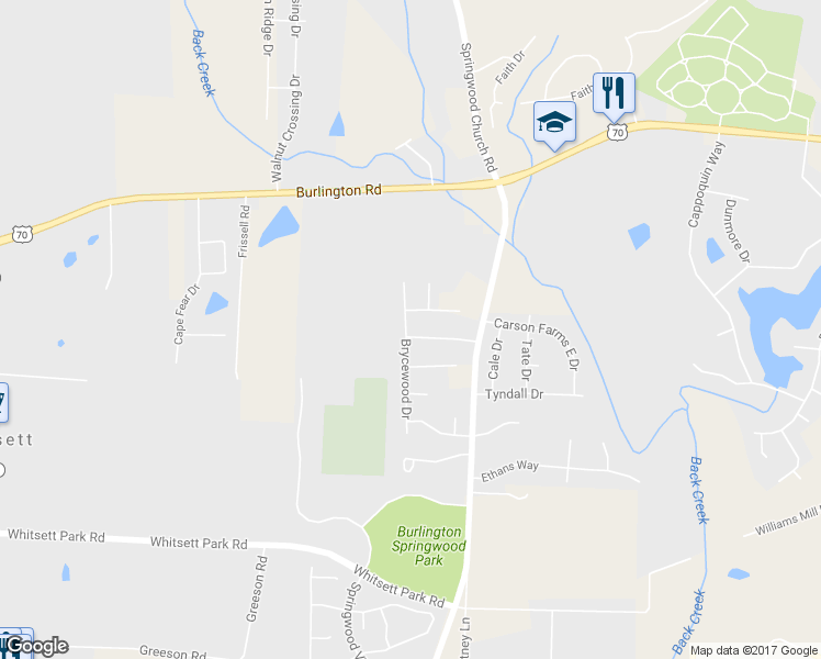 map of restaurants, bars, coffee shops, grocery stores, and more near 122 Carson Farms West Drive in Burlington